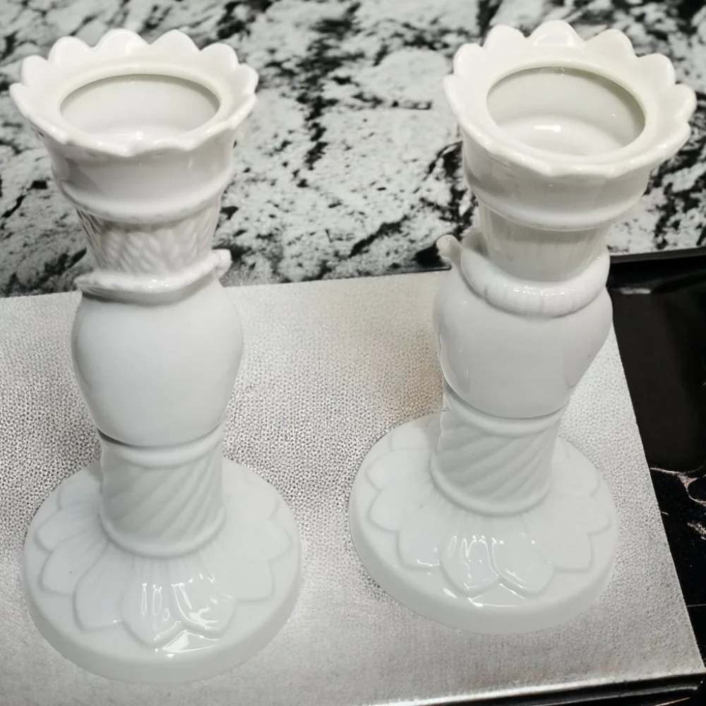 King & Queen Tappered Candle Holder Swiss Set Colum Sculpture White Porcelain - Picture 4 of 14